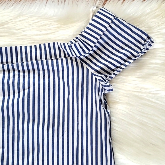 Dizzylizzy Navy Blue Striped Scoop Neck Off Shoulder Nautical Embroidered Top M - Picture 7 of 17